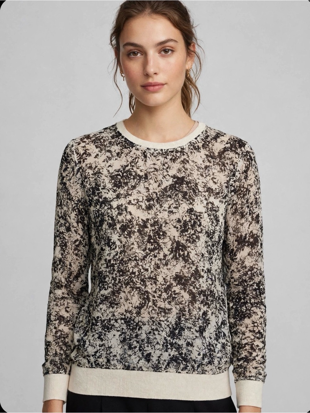 Calvin Rucker Black Beige Floral Top- Long Sleeve - Beige Trim